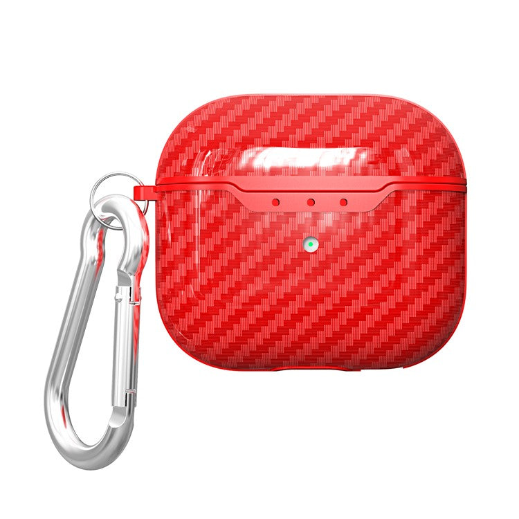 Carbon Fiber Soft TPU Shockproof Case Earphone Cover with Anti-Lost Carabiner for AirPods 3 - Red