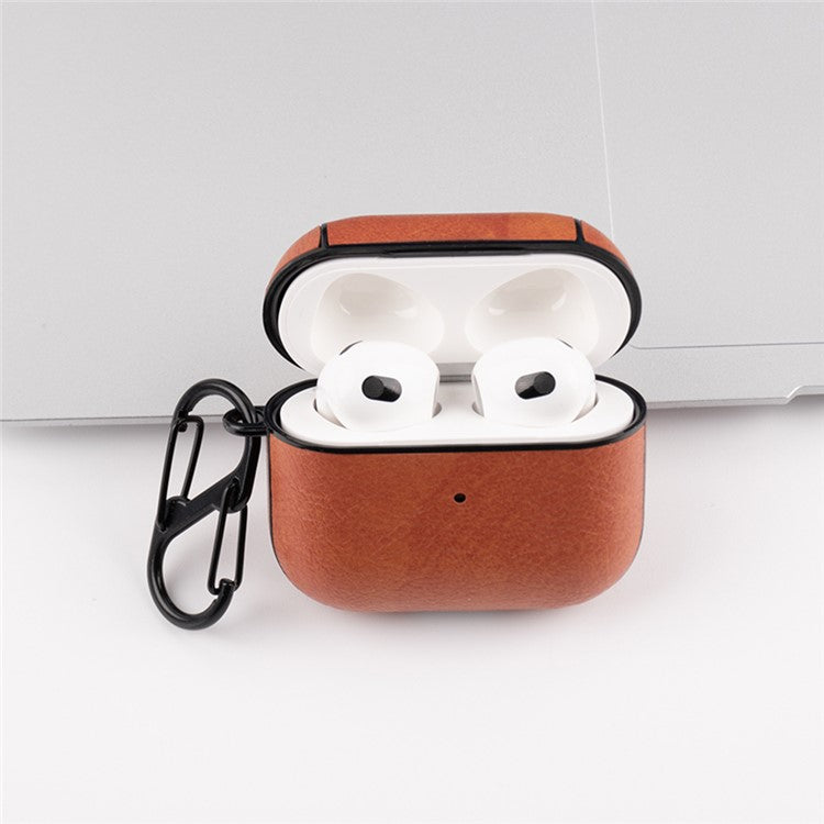 PU Leather Coated PC Protective Case Anti-fall Earphone Cover with Anti-loss Hook for Apple AirPods 3 - Light Brown