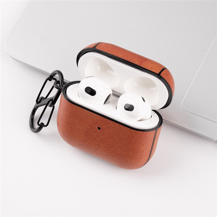 PU Leather Coated PC Protective Case Anti-fall Earphone Cover with Anti-loss Hook for Apple AirPods 3 - Light Brown