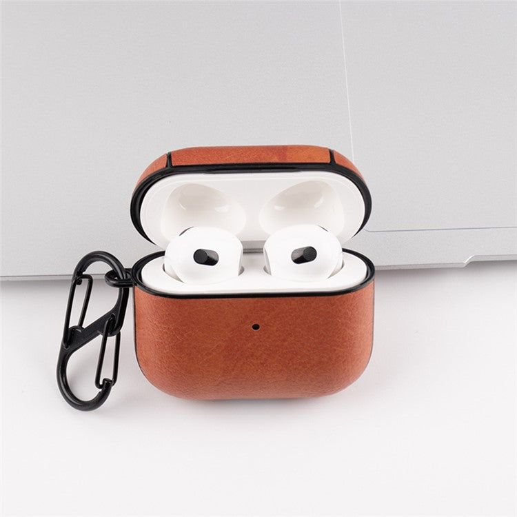 PU Leather Coated PC Protective Case Anti-fall Earphone Cover with Anti-loss Hook for Apple AirPods 3 - Dark Brown