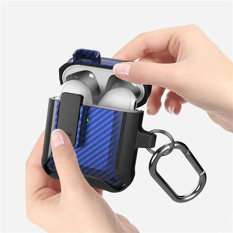 Portable 2 in 1 TPU + PC Frame Earbuds Case Cover Shock-resistant Earphone Charging Case Cover Anti-drop Protective Case with Buckle for AirPods 1/2 - Black/Blue