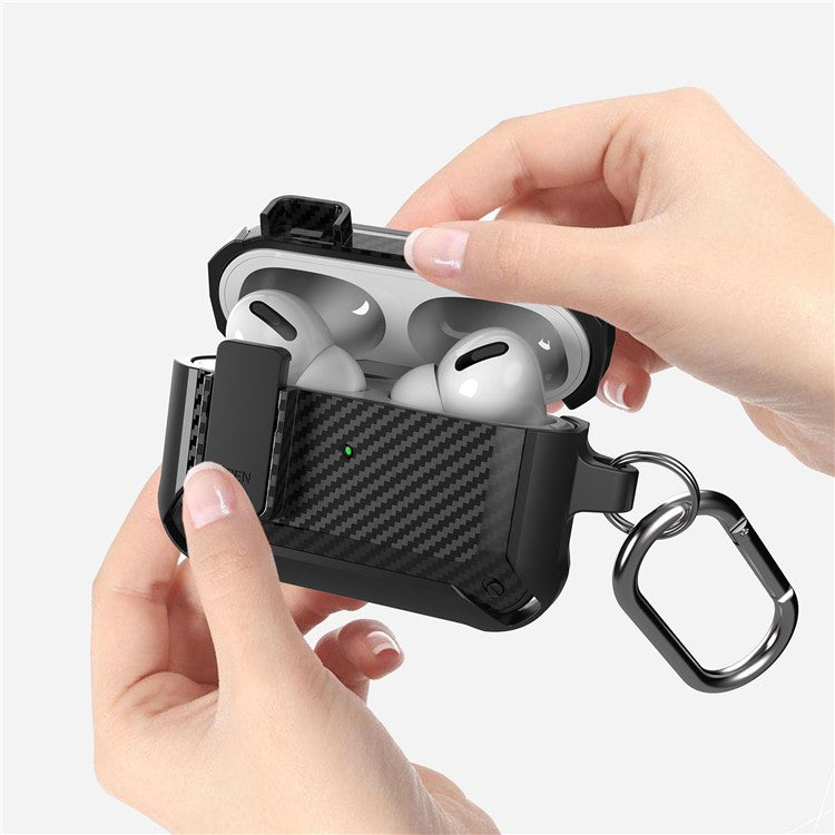 Carbon Fiber Texture Snap-on Lid Design Wireless Earphone TPU+PC Protective Cover Case for AirPods Pro - Style 1