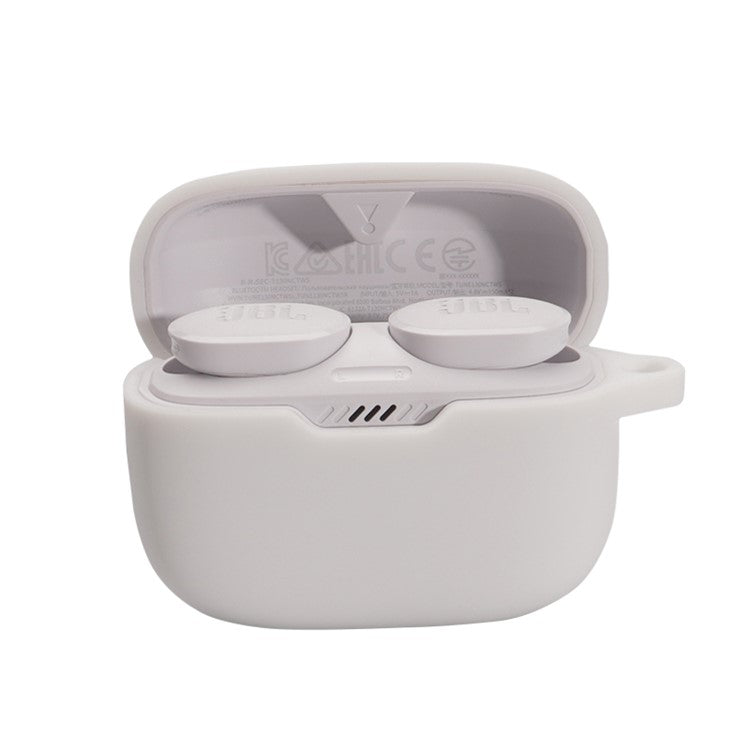 For JBL TUNE 130NC Bluetooth Earphone Silicone Protective Case Headphone Anti-fall Cover with Anti-lost Buckle - White