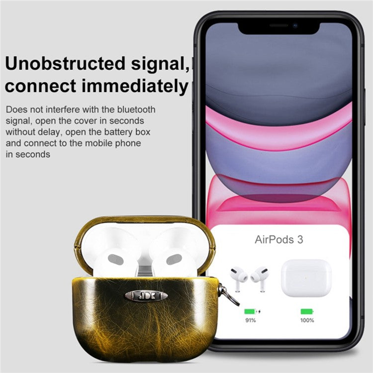 For AirPods 3 PU Leather Wireless Earphone Protective Case Cover with Hanging Buckle - Yellow