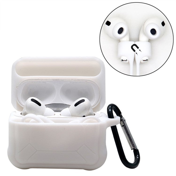 For Apple AirPods Pro 3-in-1 Silicone Protective Case + Anti-Lost Magnetic-Absorbed Strap + Carabiner Protection Set - White