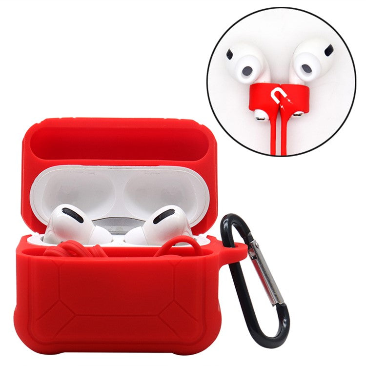 For Apple AirPods Pro 3-in-1 Silicone Protective Case + Anti-Lost Magnetic-Absorbed Strap + Carabiner Protection Set - Red