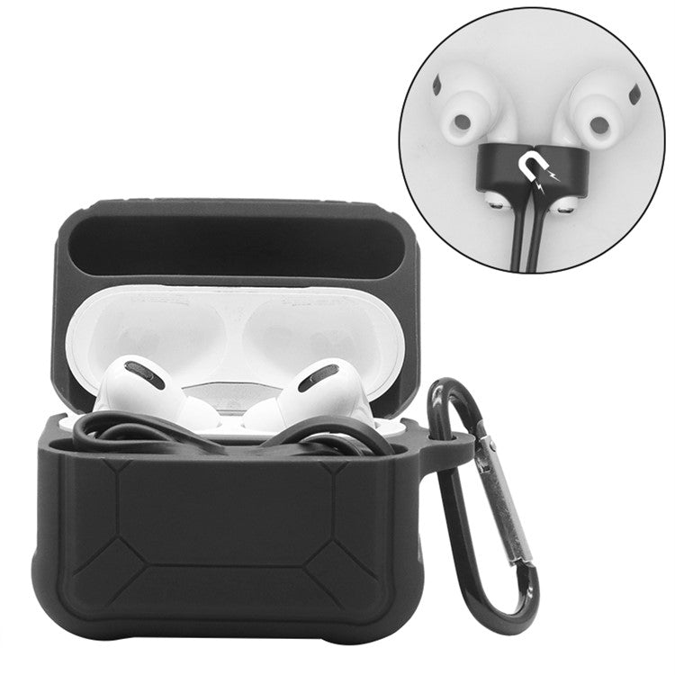 For Apple AirPods Pro 3-in-1 Silicone Protective Case + Anti-Lost Magnetic-Absorbed Strap + Carabiner Protection Set - Black