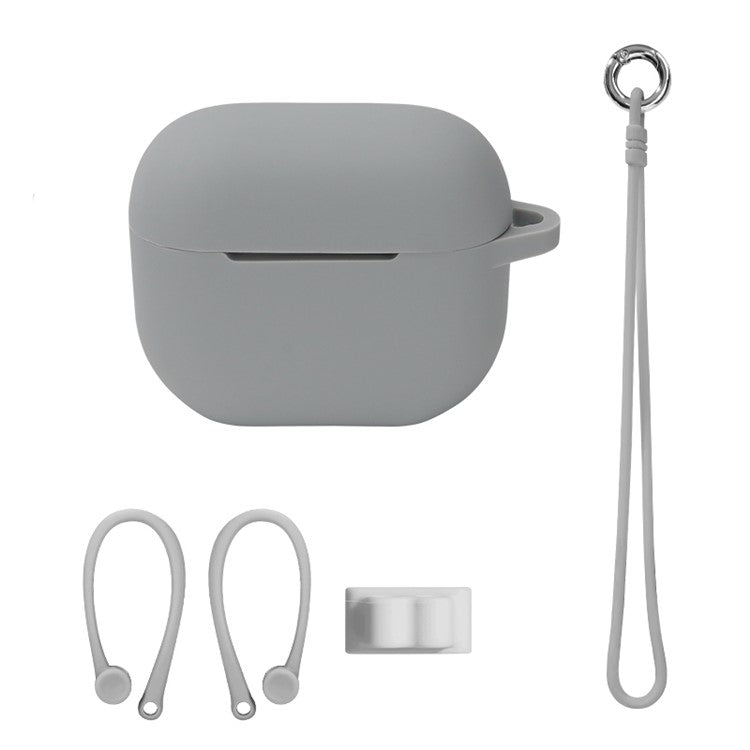 4Pcs/Set For Apple AirPods 3 Protective Case Set Earbuds Soft Silicone Protector Kit with Wrist Strap/Strap Buckle/Ear Hook - Grey