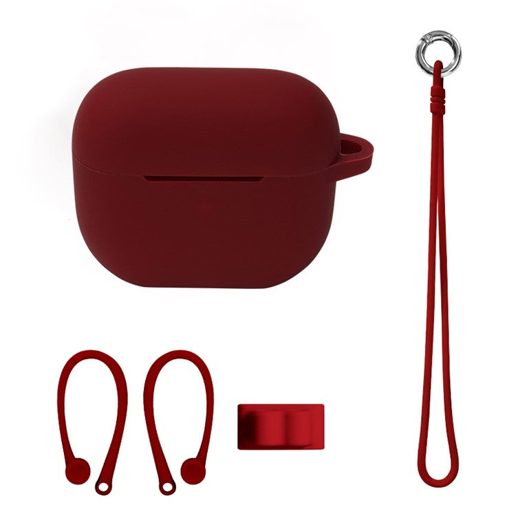 4Pcs/Set For Apple AirPods 3 Protective Case Set Earbuds Soft Silicone Protector Kit with Wrist Strap/Strap Buckle/Ear Hook - Wine Red