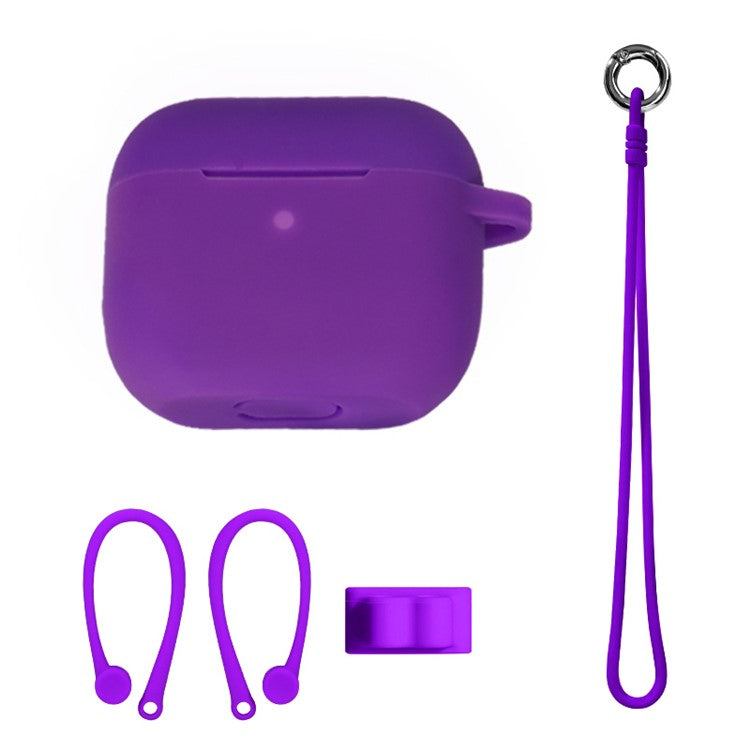 4Pcs/Set For Apple AirPods 3 Protective Case Set Earbuds Soft Silicone Protector Kit with Wrist Strap/Strap Buckle/Ear Hook - Purple