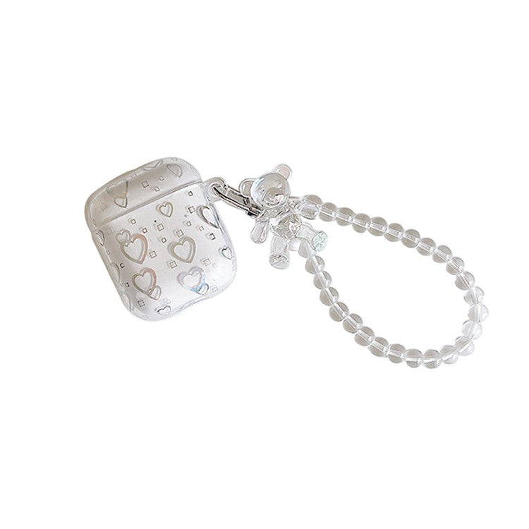 For Apple AirPods with Charging Case (2016)/(2019) / AirPods with Wireless Charging Case (2019) Stylish Transparent TPU Cover Electroplating Love Heart Pattern Earphone Case with Bear Pendant Bracelet