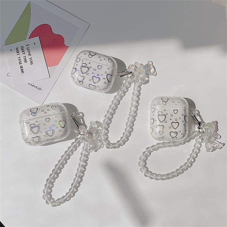 For Apple AirPods with Charging Case (2016)/(2019) / AirPods with Wireless Charging Case (2019) Stylish Transparent TPU Cover Electroplating Love Heart Pattern Earphone Case with Bear Pendant Bracelet