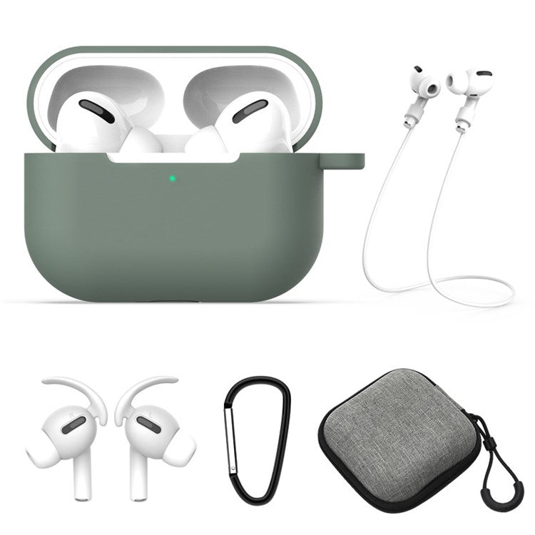 5Pcs/Set for Apple AirPods Pro Bluetooth Earphones Silicone Protective Case with Carabiner+Anti-lost Rope+Storage Case/Ear Cap - Midnight Green