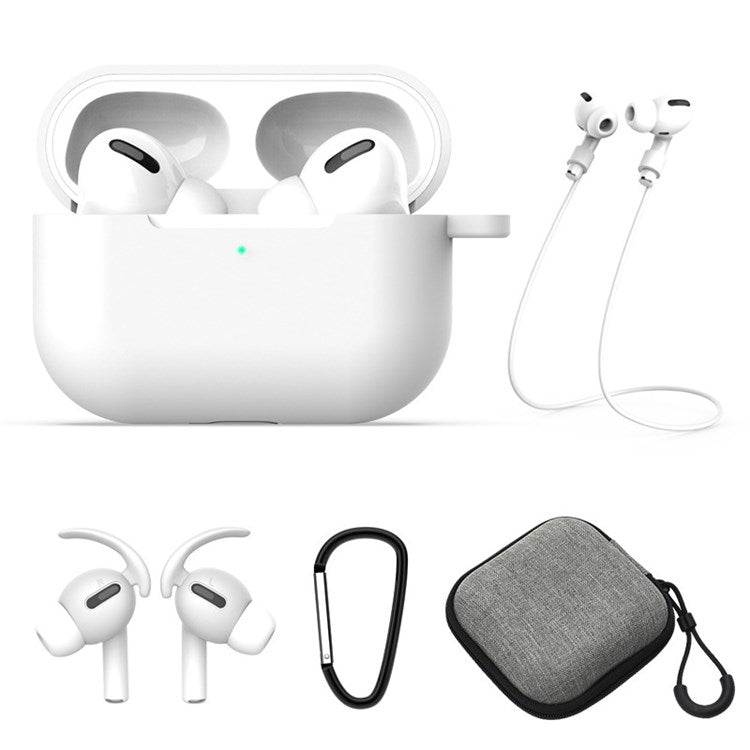 5Pcs/Set for Apple AirPods Pro Bluetooth Earphones Silicone Protective Case with Carabiner+Anti-lost Rope+Storage Case/Ear Cap - White