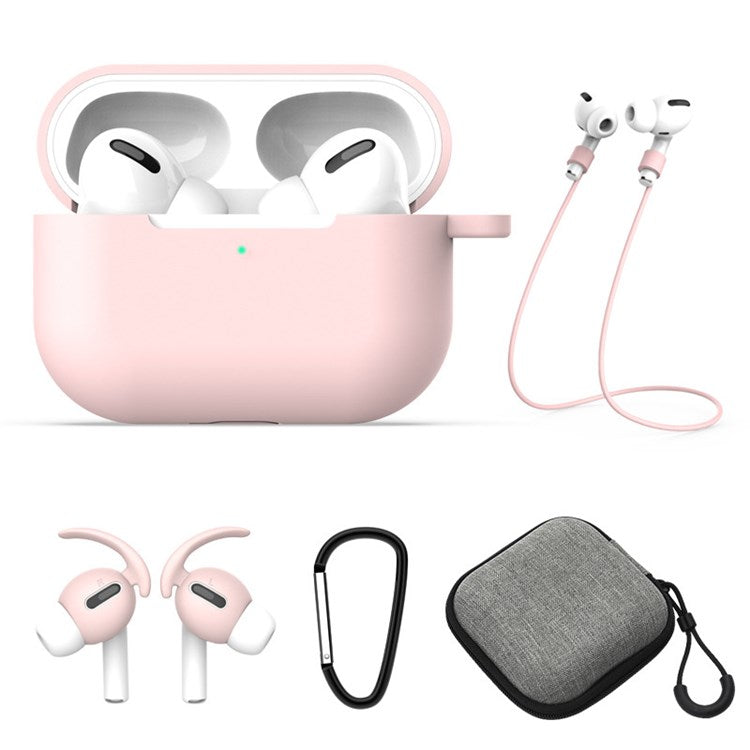 5Pcs/Set for Apple AirPods Pro Bluetooth Earphones Silicone Protective Case with Carabiner+Anti-lost Rope+Storage Case/Ear Cap - Pink