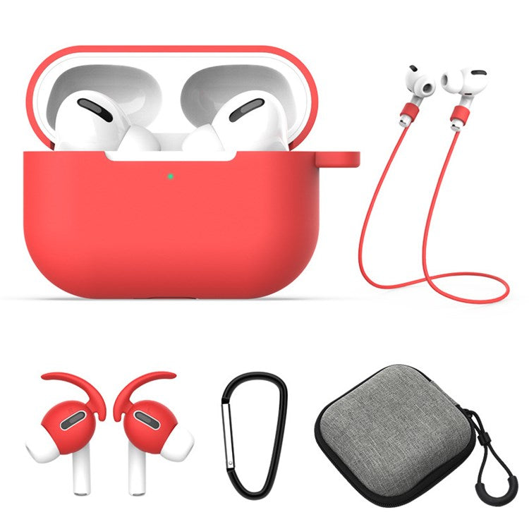 5Pcs/Set for Apple AirPods Pro Bluetooth Earphones Silicone Protective Case with Carabiner+Anti-lost Rope+Storage Case/Ear Cap - Red