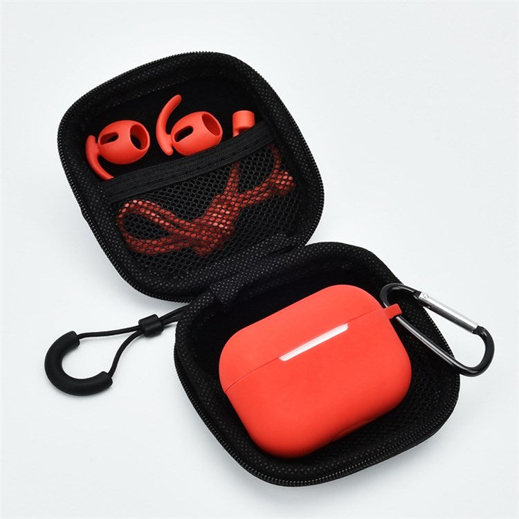 5Pcs/Set for Apple AirPods Pro Bluetooth Earphones Silicone Protective Case with Carabiner+Anti-lost Rope+Storage Case/Ear Cap - Red