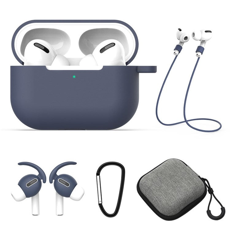 5Pcs/Set for Apple AirPods Pro Bluetooth Earphones Silicone Protective Case with Carabiner+Anti-lost Rope+Storage Case/Ear Cap - Midnight Blue