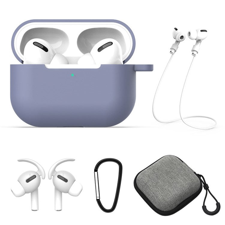 5Pcs/Set for Apple AirPods Pro Bluetooth Earphones Silicone Protective Case with Carabiner+Anti-lost Rope+Storage Case/Ear Cap - Light Purple