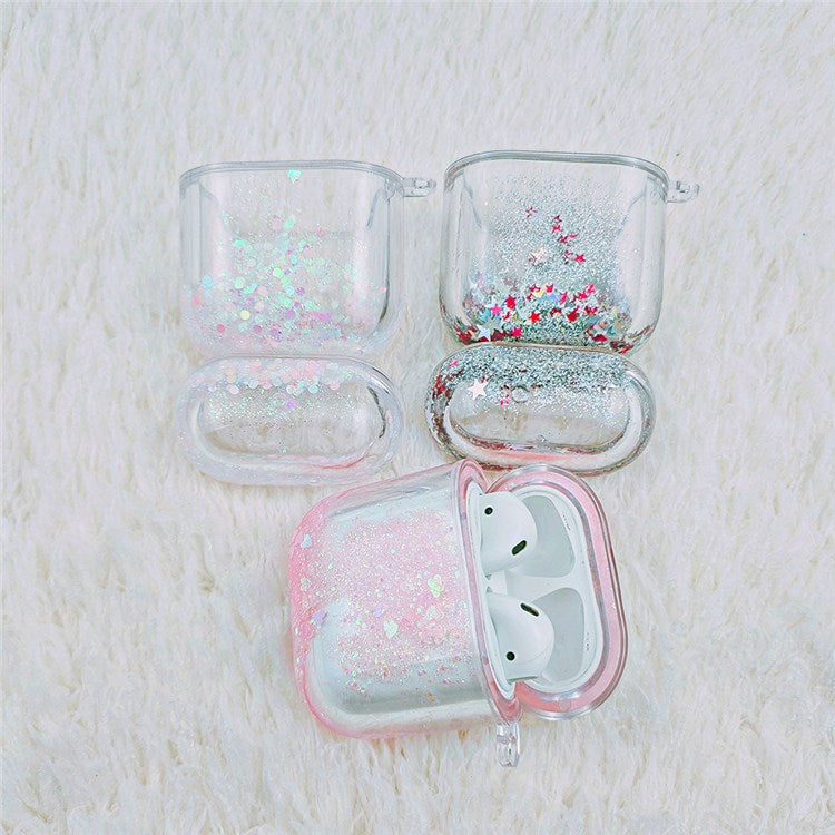 For Apple AirPods 1/2/with Charging Case (2016)/with Charging Case (2019)/with Wireless Charging Case (2019) Glittering Powder Quicksand Clear Based PC Cover Case - Pink/Hearts