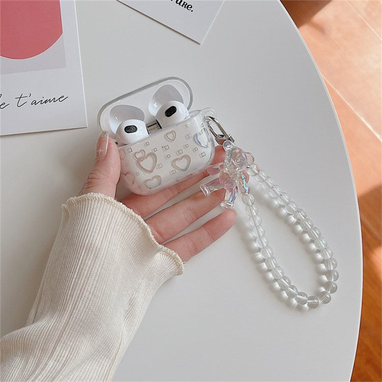 For Apple AirPods 3 Transparent TPU Cover Electroplating Cute Heart Pattern Earphone Case Sleeve with Bear Pendant Bracelet