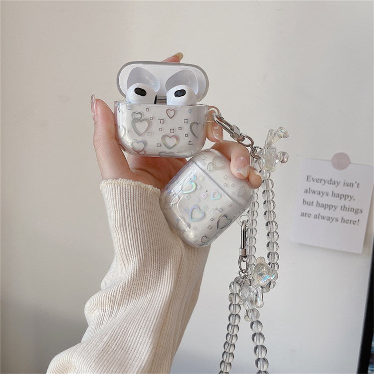 For Apple AirPods 3 Transparent TPU Cover Electroplating Cute Heart Pattern Earphone Case Sleeve with Bear Pendant Bracelet