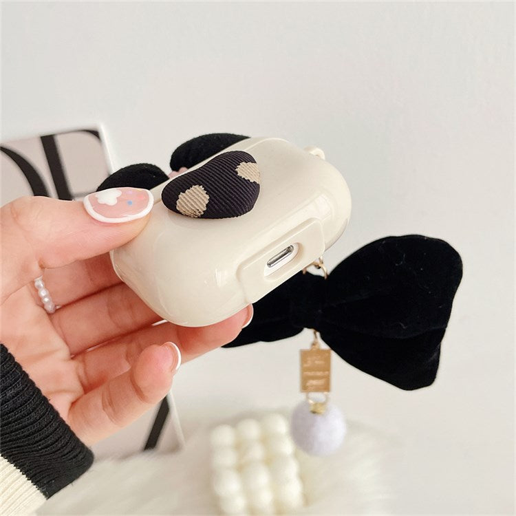 For Apple AirPods 3 Lovely Bow Decor Heart Pattern Earphone Case TPU Protective Cover with Plush Big Bow Pendant