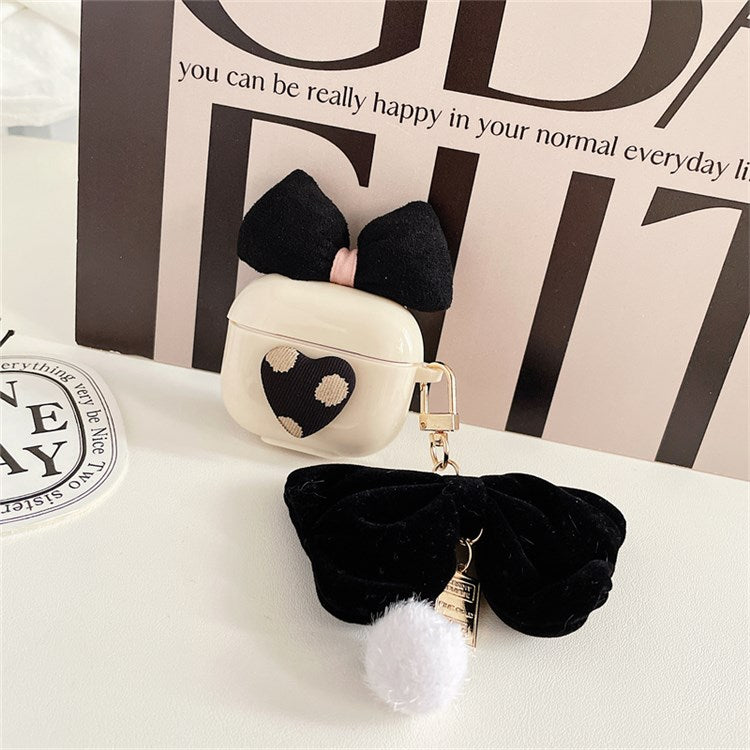 For Apple AirPods 3 Lovely Bow Decor Heart Pattern Earphone Case TPU Protective Cover with Plush Big Bow Pendant