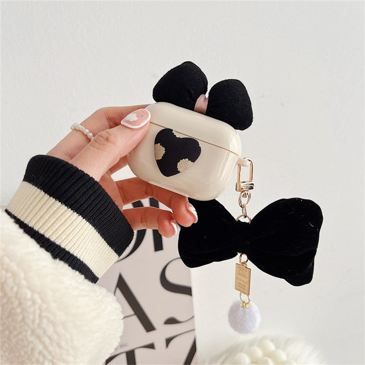 For Apple AirPods 3 Lovely Bow Decor Heart Pattern Earphone Case TPU Protective Cover with Plush Big Bow Pendant