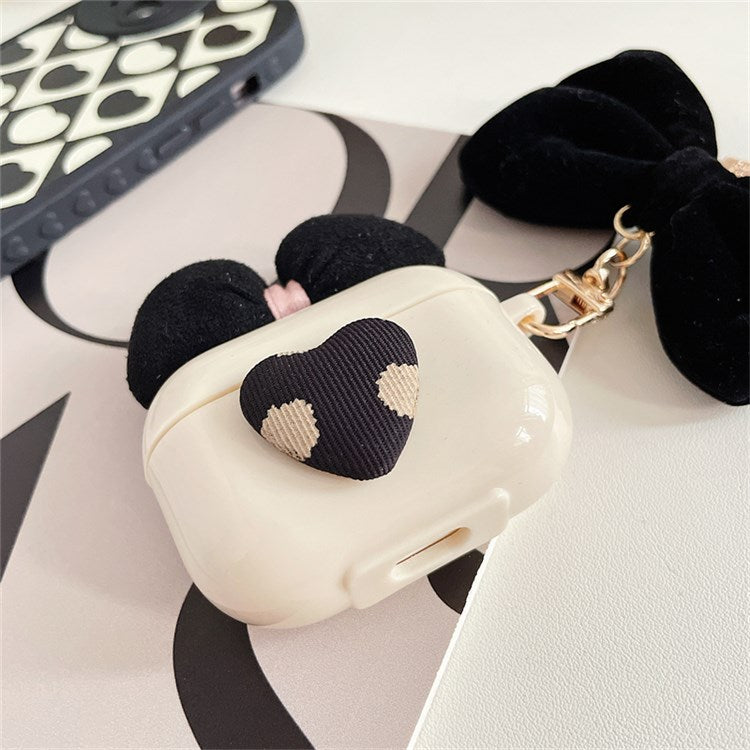 For Apple AirPods 3 Lovely Bow Decor Heart Pattern Earphone Case TPU Protective Cover with Plush Big Bow Pendant