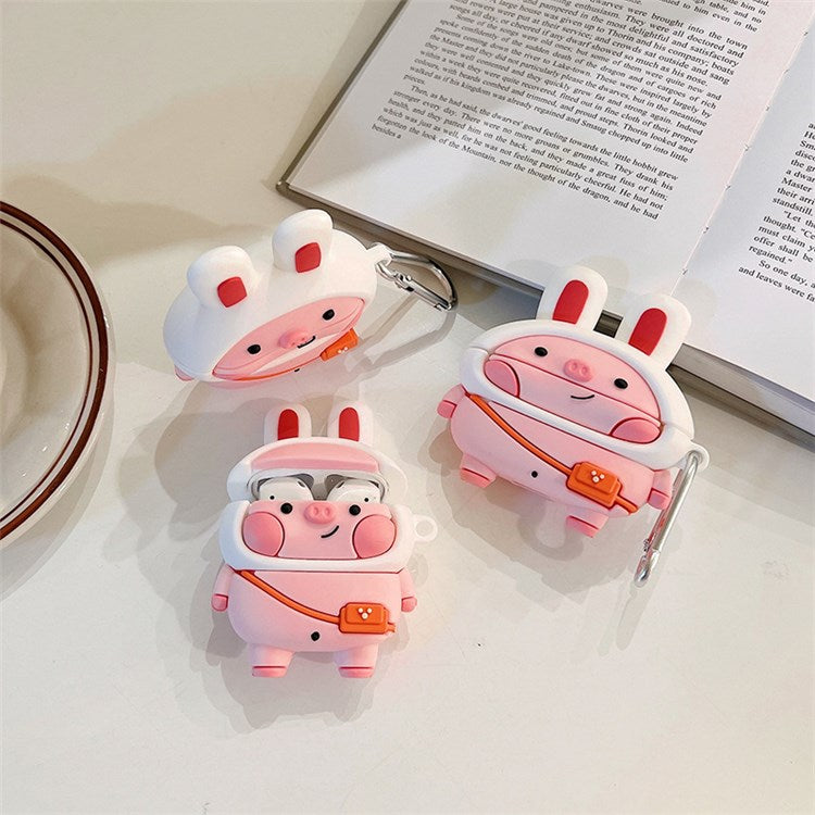 For Apple AirPods with Charging Case (2016)/(2019)/AirPods with Wireless Charging Case (2019) Cute Pig Design Earphone Silicone Case Anti-fall Protective Cover with Hook