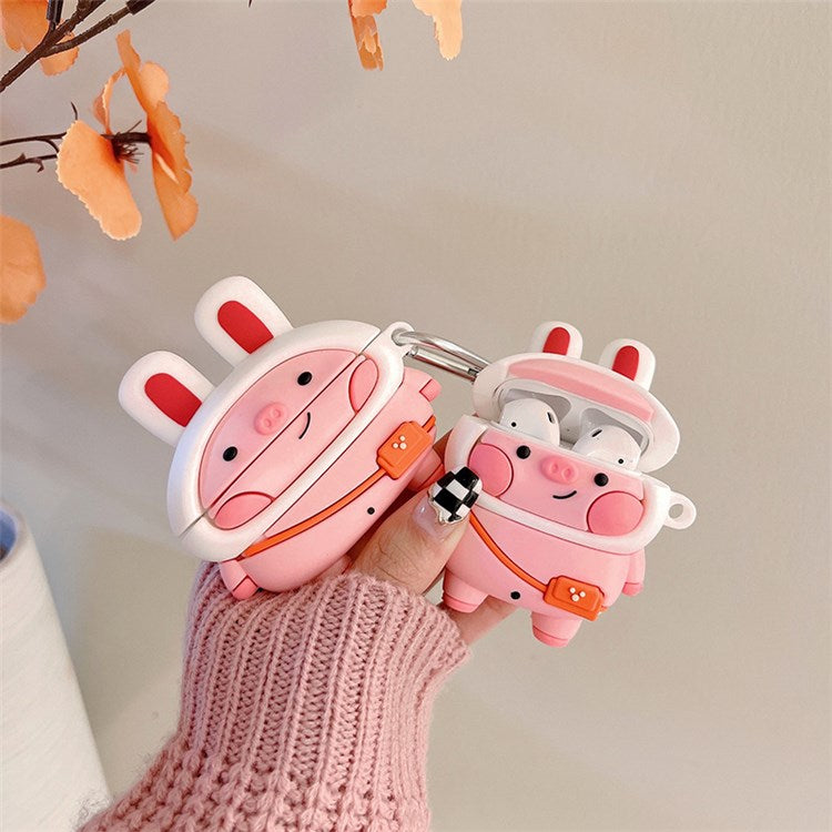 For Apple AirPods with Charging Case (2016)/(2019)/AirPods with Wireless Charging Case (2019) Cute Pig Design Earphone Silicone Case Anti-fall Protective Cover with Hook