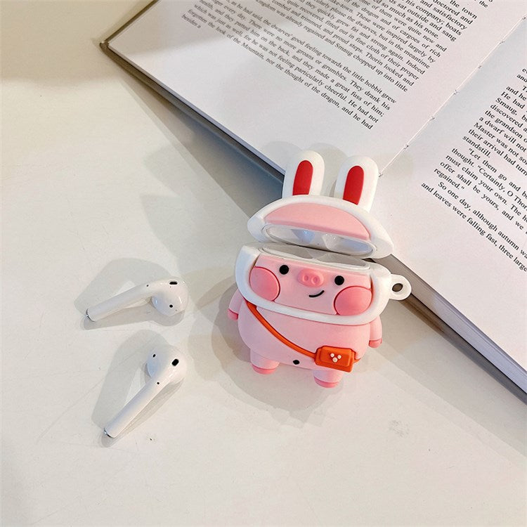 For Apple AirPods with Charging Case (2016)/(2019)/AirPods with Wireless Charging Case (2019) Cute Pig Design Earphone Silicone Case Anti-fall Protective Cover with Hook