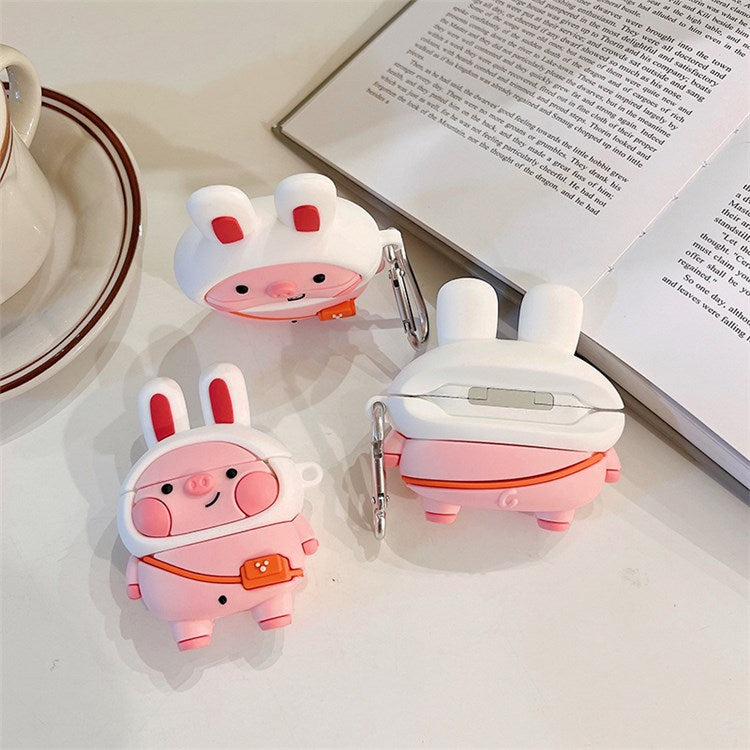 For Apple AirPods with Charging Case (2016)/(2019)/AirPods with Wireless Charging Case (2019) Cute Pig Design Earphone Silicone Case Anti-fall Protective Cover with Hook