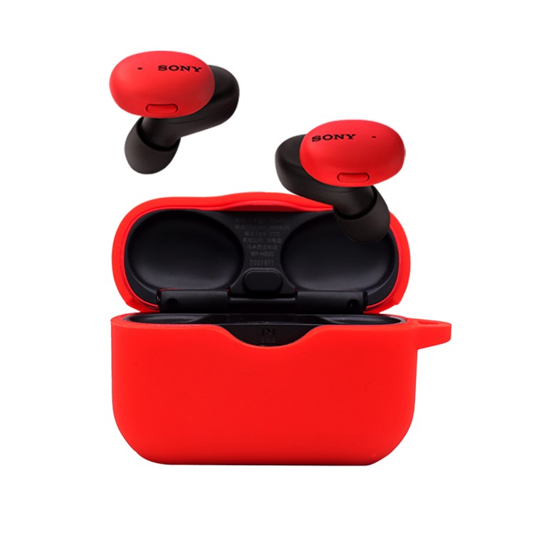 For Sony WF-H800 TWS Bluetooth Earphone Silicone Drop-proof Cover Case with Hanging Buckle - Red