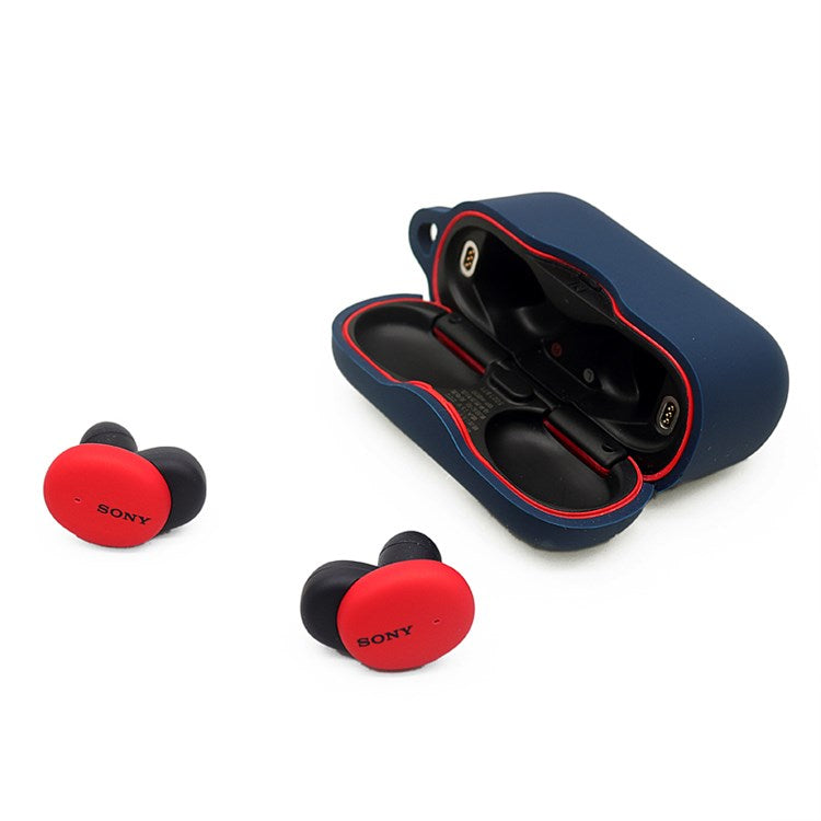 For Sony WF-H800 TWS Bluetooth Earphone Silicone Drop-proof Cover Case with Hanging Buckle - Dark Blue