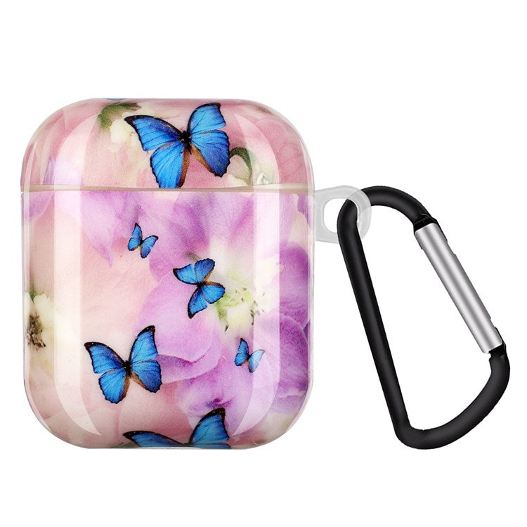 For Apple AirPods with Charging Case (2016)/(2019)/AirPods with Wireless Charging Case (2019) IMD Pattern Printing Earphone Case Soft TPU Protective Cover with Hook - Flower and Butterflies