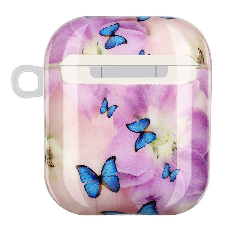 For Apple AirPods with Charging Case (2016)/(2019)/AirPods with Wireless Charging Case (2019) IMD Pattern Printing Earphone Case Soft TPU Protective Cover with Hook - Flower and Butterflies