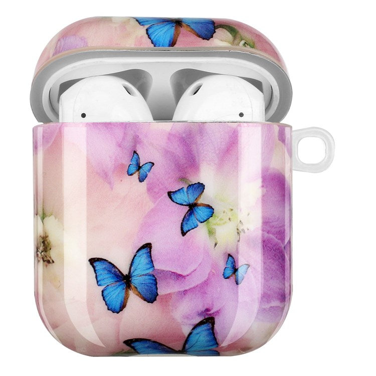 For Apple AirPods with Charging Case (2016)/(2019)/AirPods with Wireless Charging Case (2019) IMD Pattern Printing Earphone Case Soft TPU Protective Cover with Hook - Flower and Butterflies