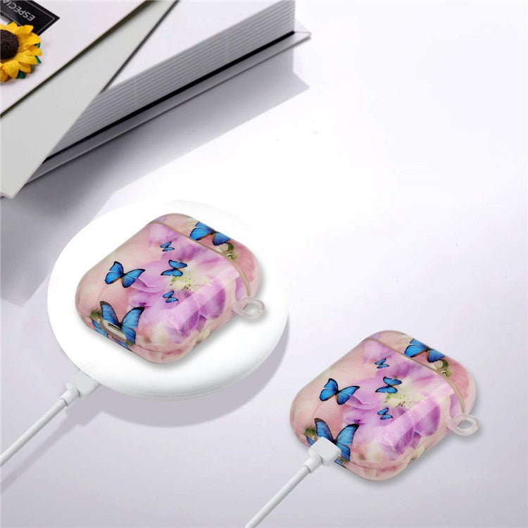 For Apple AirPods with Charging Case (2016)/(2019)/AirPods with Wireless Charging Case (2019) IMD Pattern Printing Earphone Case Soft TPU Protective Cover with Hook - Flower and Butterflies