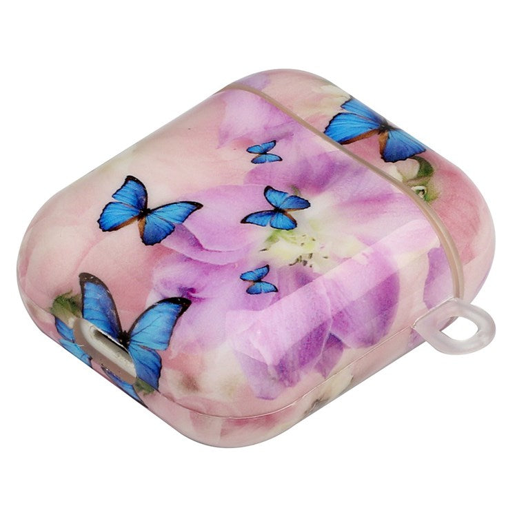 For Apple AirPods with Charging Case (2016)/(2019)/AirPods with Wireless Charging Case (2019) IMD Pattern Printing Earphone Case Soft TPU Protective Cover with Hook - Flower and Butterflies