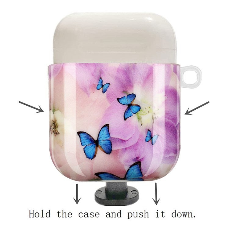 For Apple AirPods with Charging Case (2016)/(2019)/AirPods with Wireless Charging Case (2019) IMD Pattern Printing Earphone Case Soft TPU Protective Cover with Hook - Flower and Butterflies