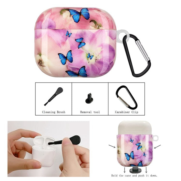 For Apple AirPods with Charging Case (2016)/(2019)/AirPods with Wireless Charging Case (2019) IMD Pattern Printing Earphone Case Soft TPU Protective Cover with Hook - Flower and Butterflies