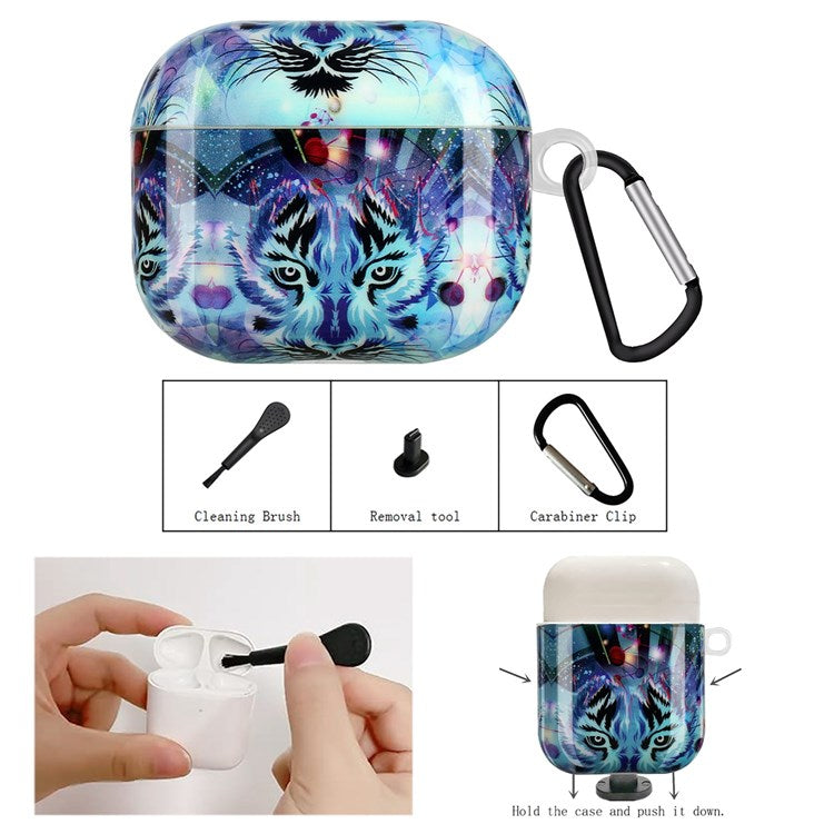 For Apple AirPods with Charging Case (2016)/(2019)/AirPods with Wireless Charging Case (2019) IMD Pattern Printing Earphone Case Soft TPU Protective Cover with Hook - Wolf