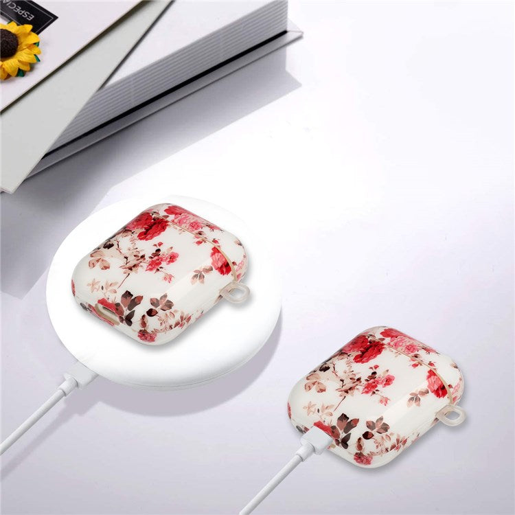 For Apple AirPods with Charging Case (2016)/(2019)/AirPods with Wireless Charging Case (2019) IMD Pattern Printing Earphone Case Soft TPU Protective Cover with Hook - Flower