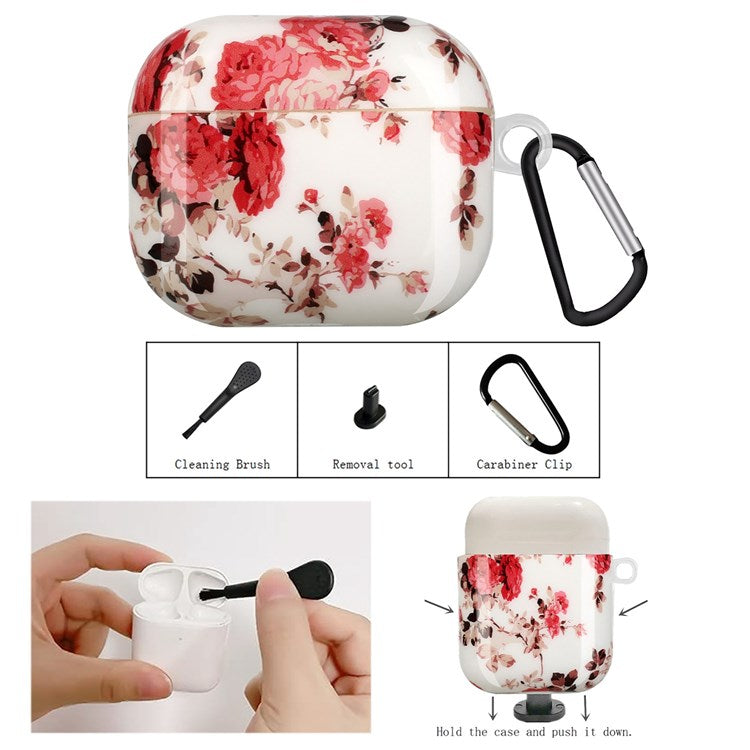 For Apple AirPods with Charging Case (2016)/(2019)/AirPods with Wireless Charging Case (2019) IMD Pattern Printing Earphone Case Soft TPU Protective Cover with Hook - Flower