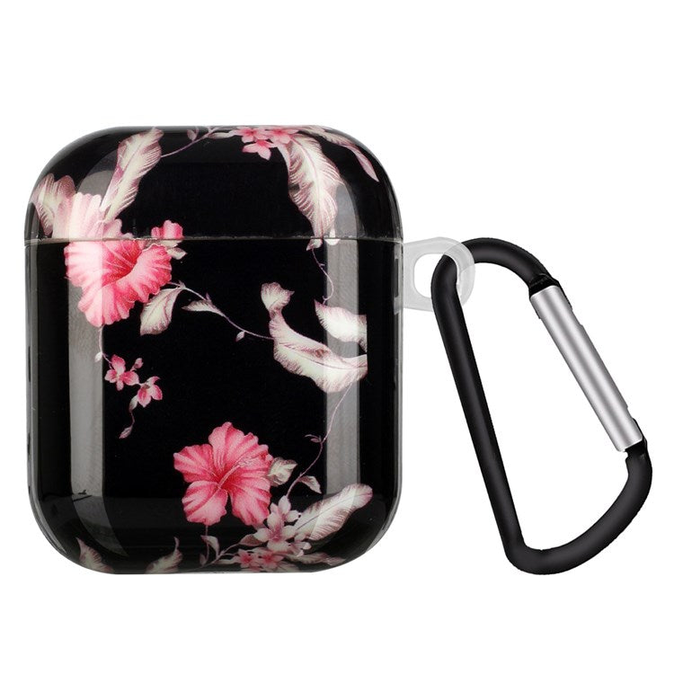 For Apple AirPods with Charging Case (2016)/(2019)/AirPods with Wireless Charging Case (2019) IMD Pattern Printing Earphone Case Soft TPU Protective Cover with Hook - Rhododendron