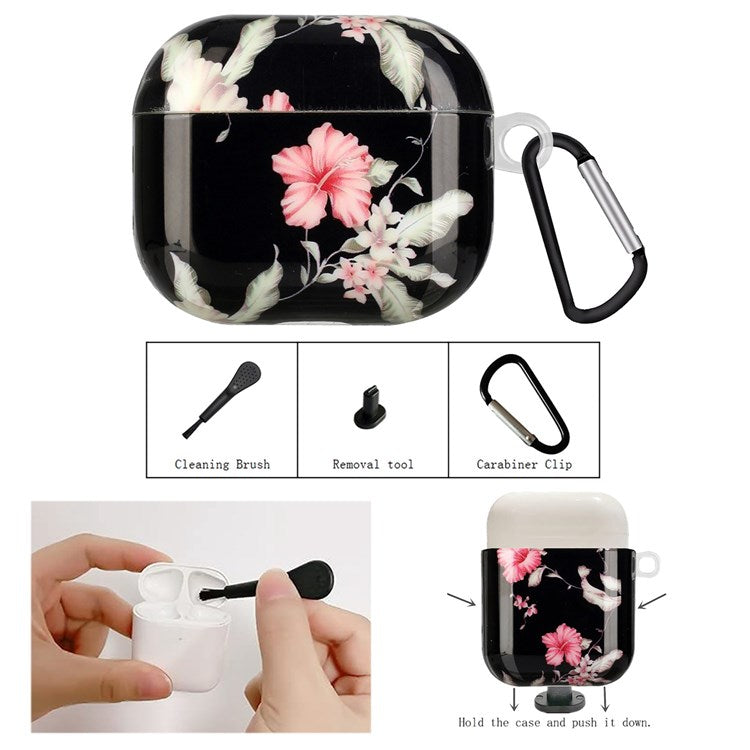 For Apple AirPods with Charging Case (2016)/(2019)/AirPods with Wireless Charging Case (2019) IMD Pattern Printing Earphone Case Soft TPU Protective Cover with Hook - Rhododendron