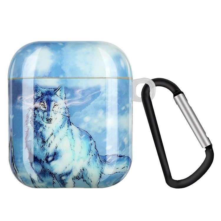 For Apple AirPods with Charging Case (2016)/(2019)/AirPods with Wireless Charging Case (2019) IMD Pattern Printing Earphone Case Soft TPU Protective Cover with Hook - Snow Wolf