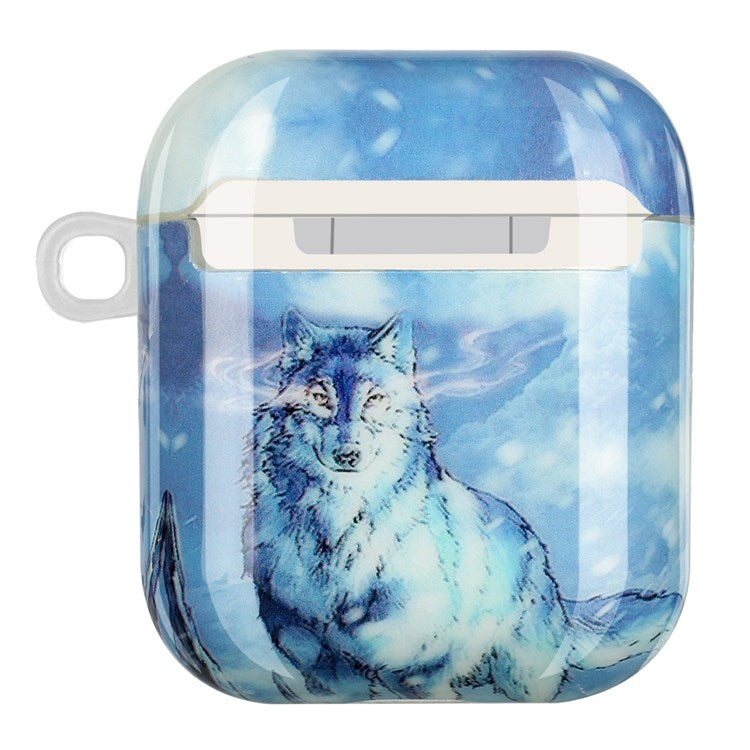 For Apple AirPods with Charging Case (2016)/(2019)/AirPods with Wireless Charging Case (2019) IMD Pattern Printing Earphone Case Soft TPU Protective Cover with Hook - Snow Wolf